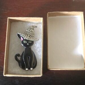 Black Cat in a Rhinestone Witch Hat Enamel Broach come in Brown Storage Box 2 in